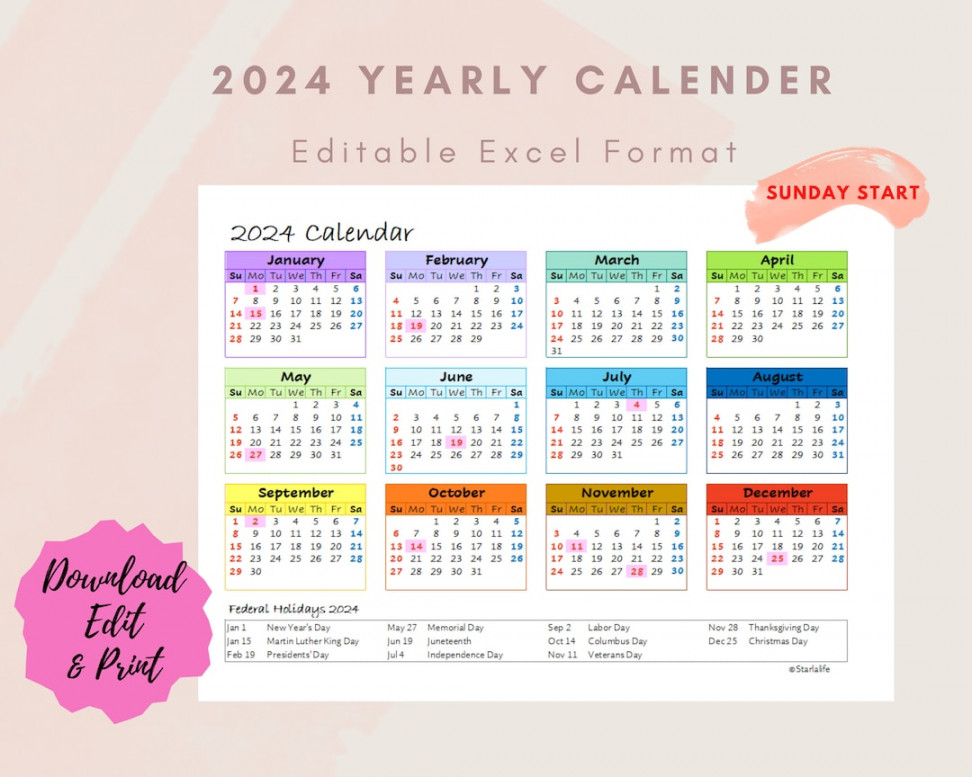 Yearly One Page Excel Calendar - Etsy Hong Kong