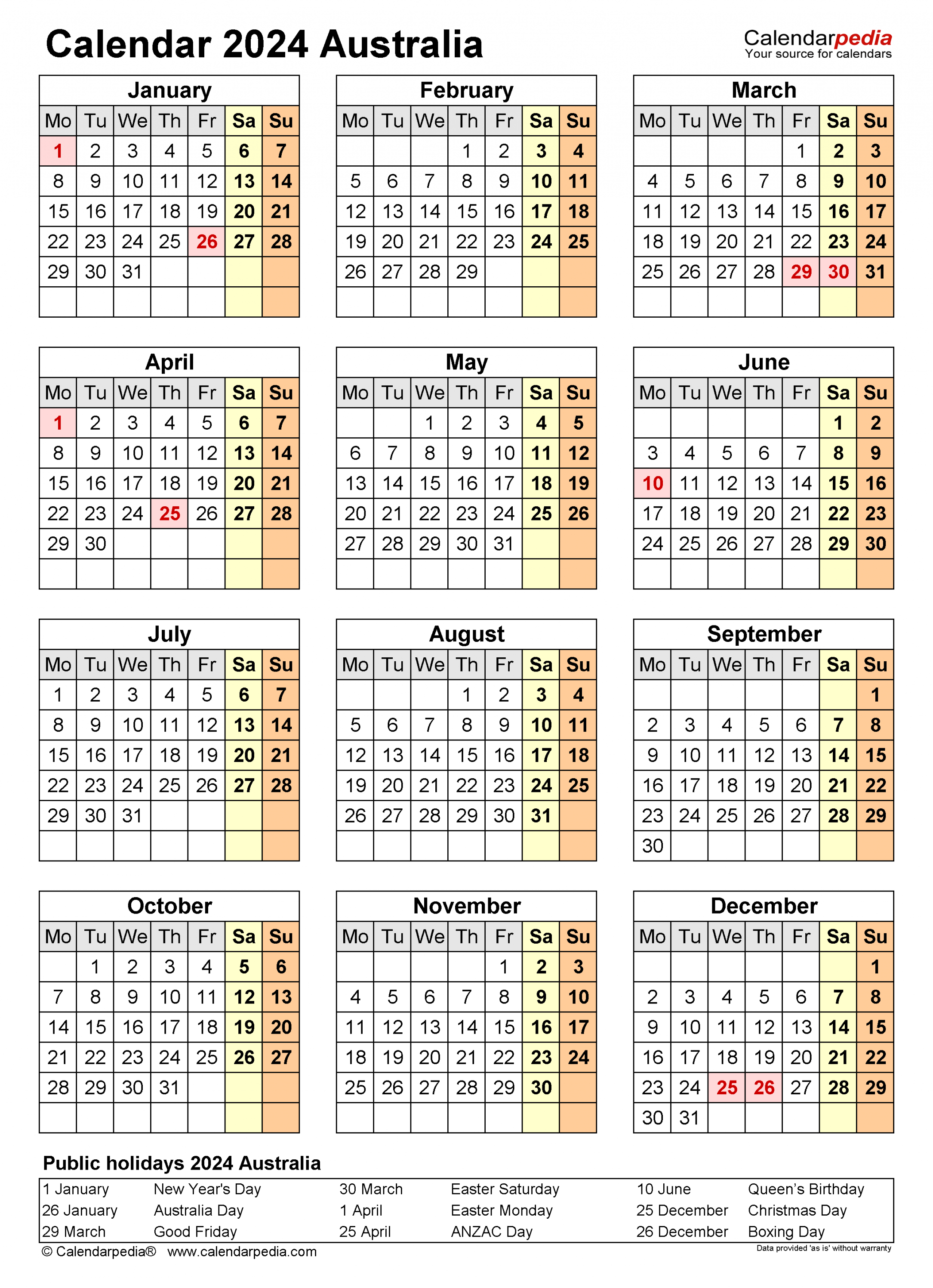 Australia calendar free printable pdf templates