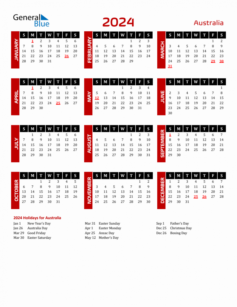 Australia  Yearly Calendar Downloadable