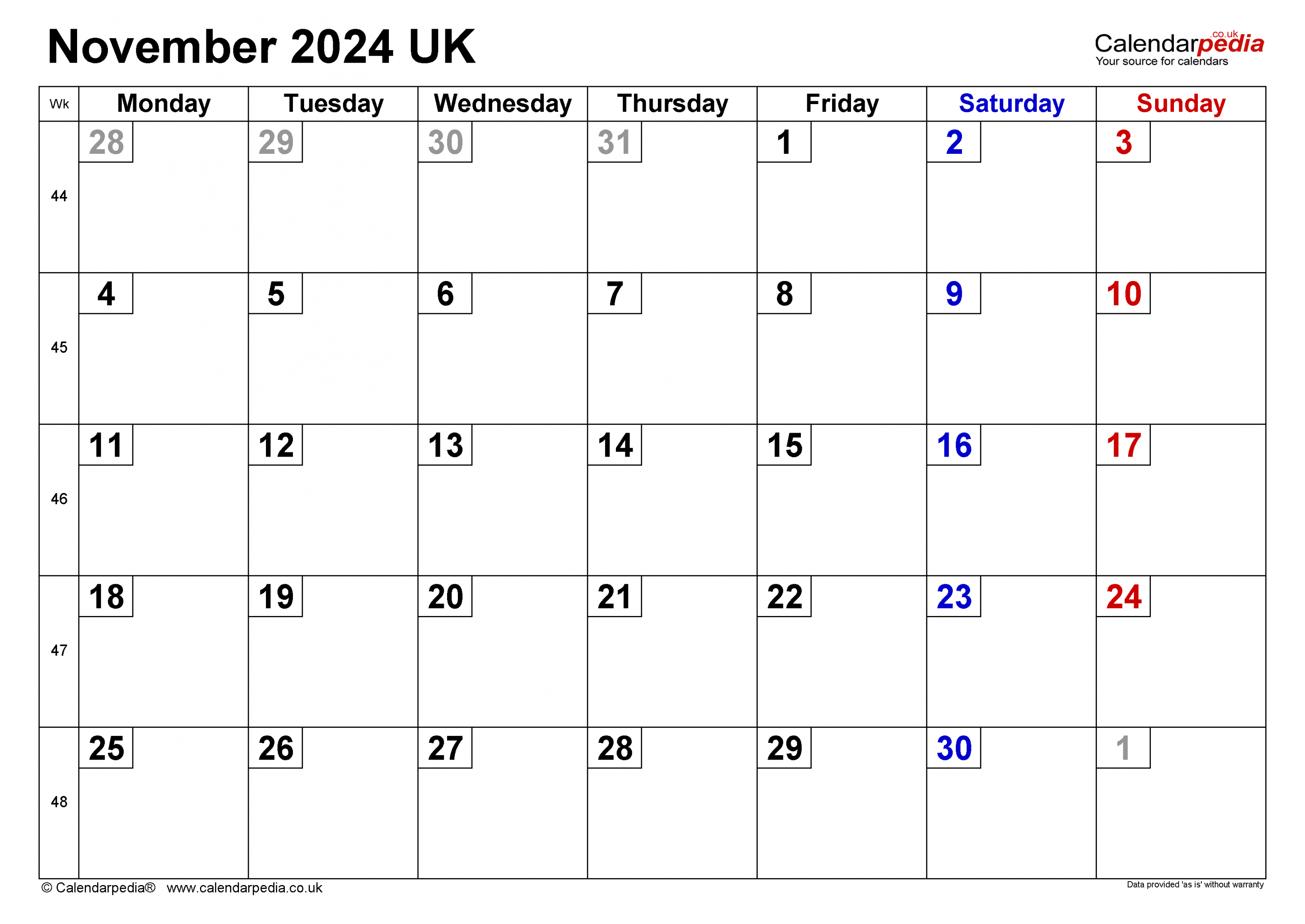 Calendar November  UK with Excel, Word and PDF templates