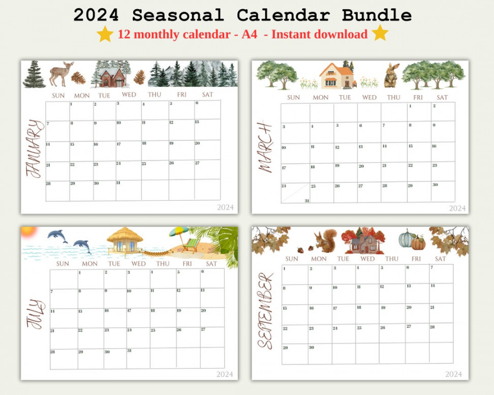 Calendar Printable Landscape,  Monthly Calendar Printable, Kids  Calendar , Academic Calendar ,  Seasons Design - Etsy