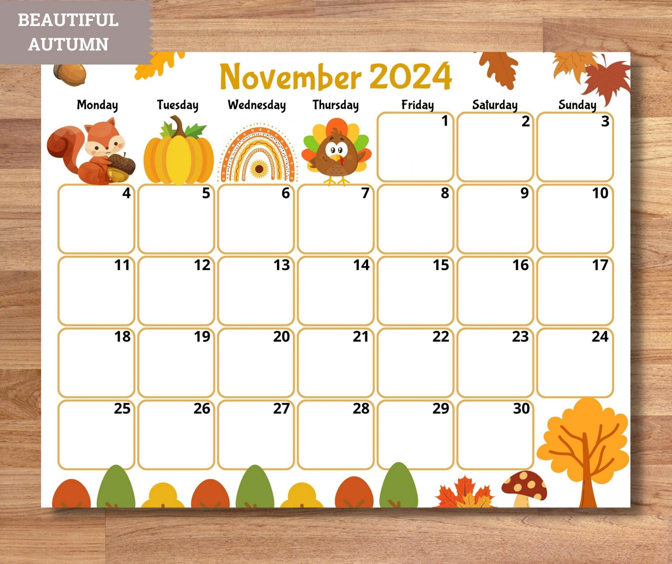 EDITABLE  Calendars monday Starts, Cute Monthly Calendar for