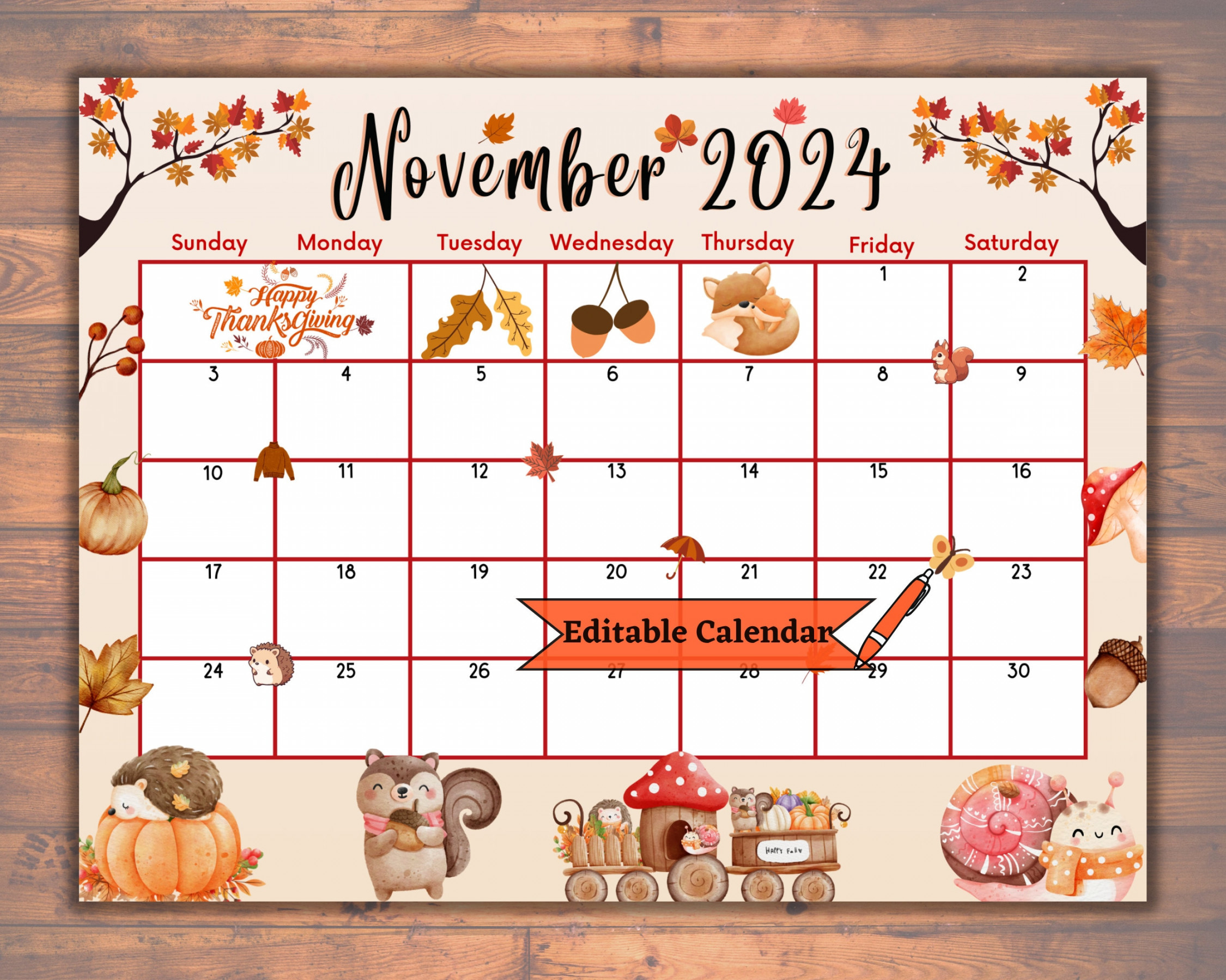 Editable Fillable November  Calendar for Happy Thanksgiving