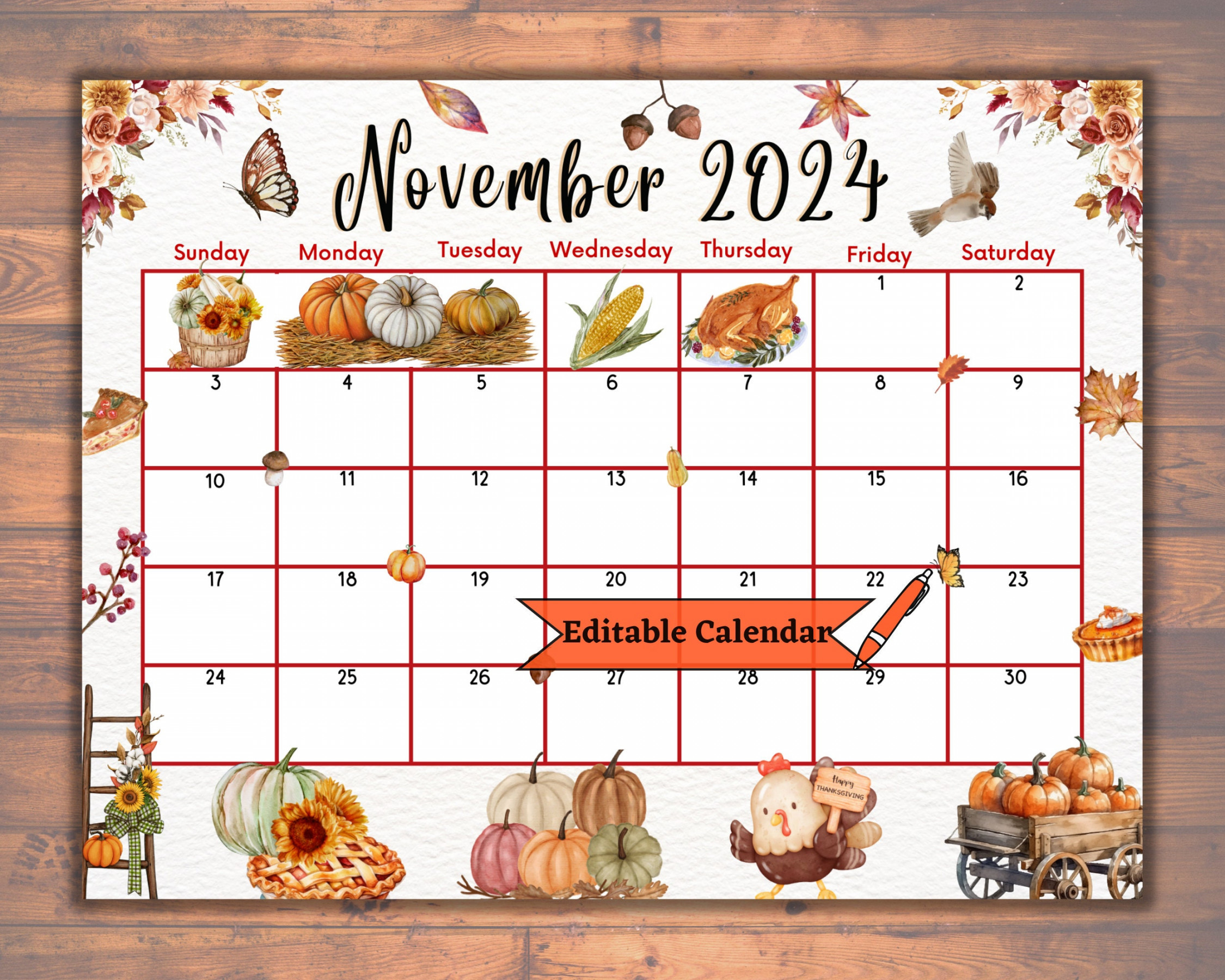 Editable Fillable November  Calendar, Printable, Thanksgiving