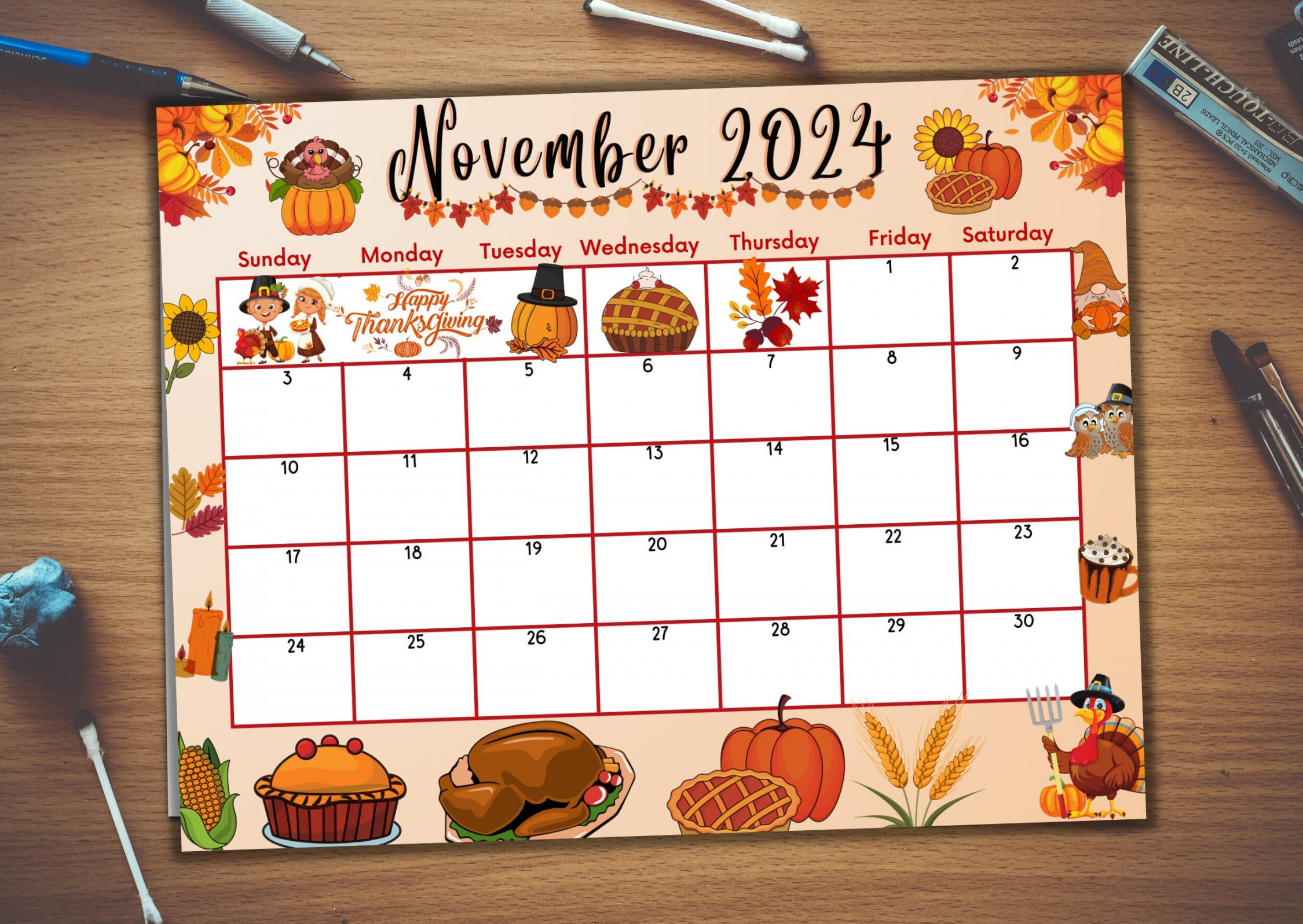 Editable November  Calendar, Fillable, Printable, Happy