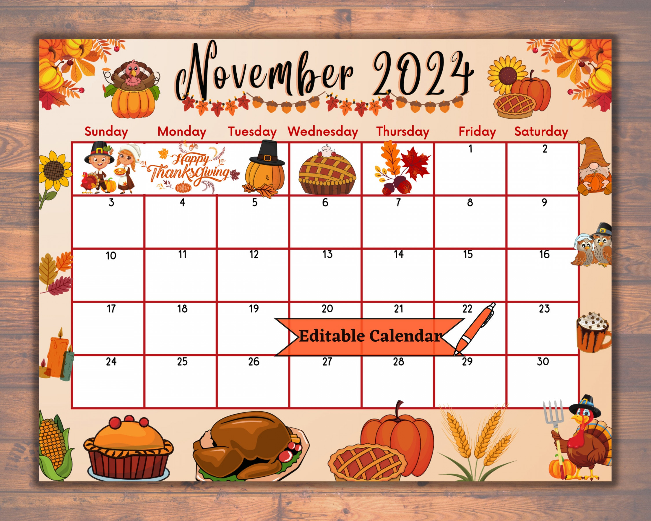 Editable november calendar, fillable, printable, happy