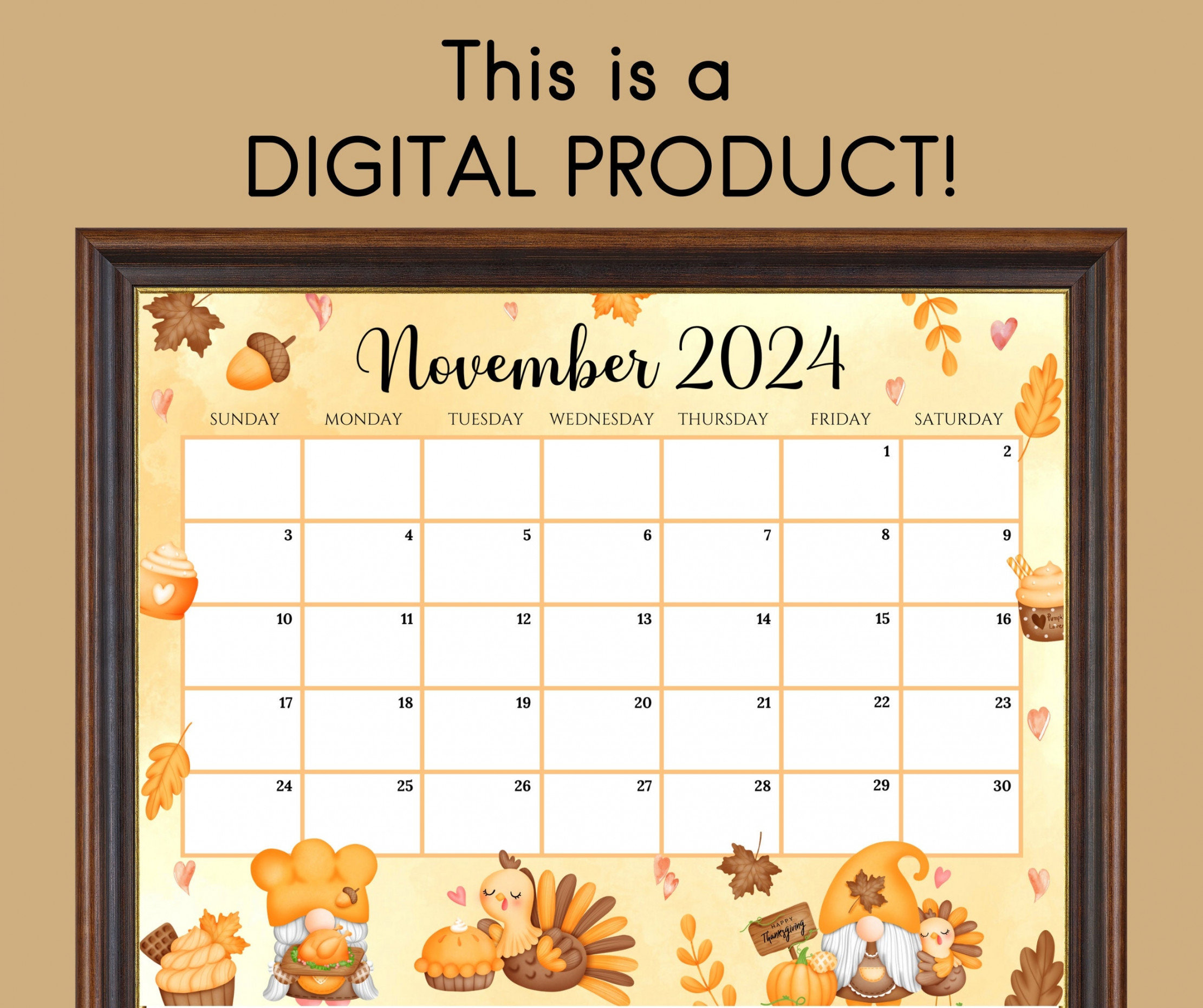 EDITABLE November  Calendar, Happy Thanksgiving With Cute