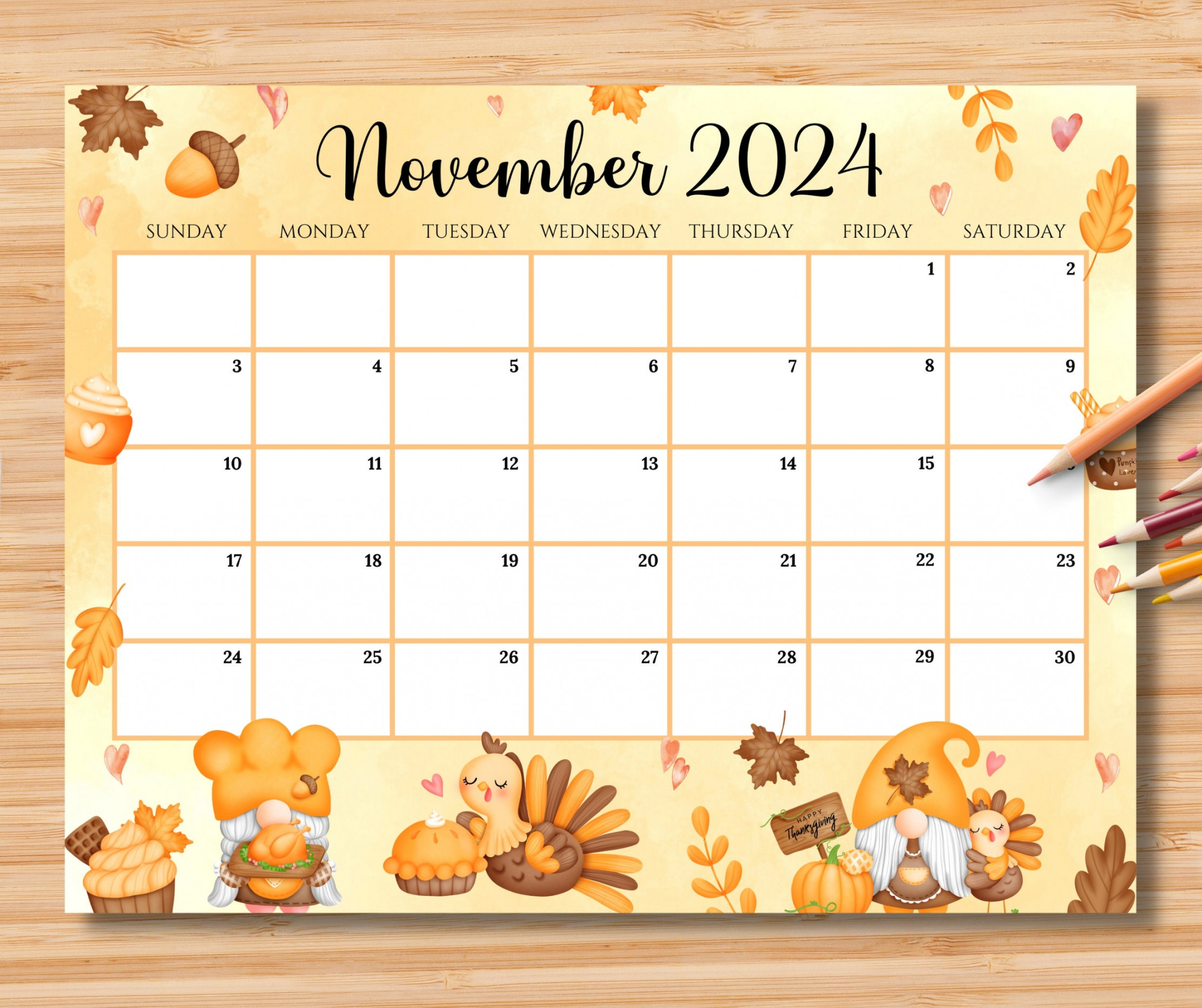 Editable november calendar, happy thanksgiving with cute