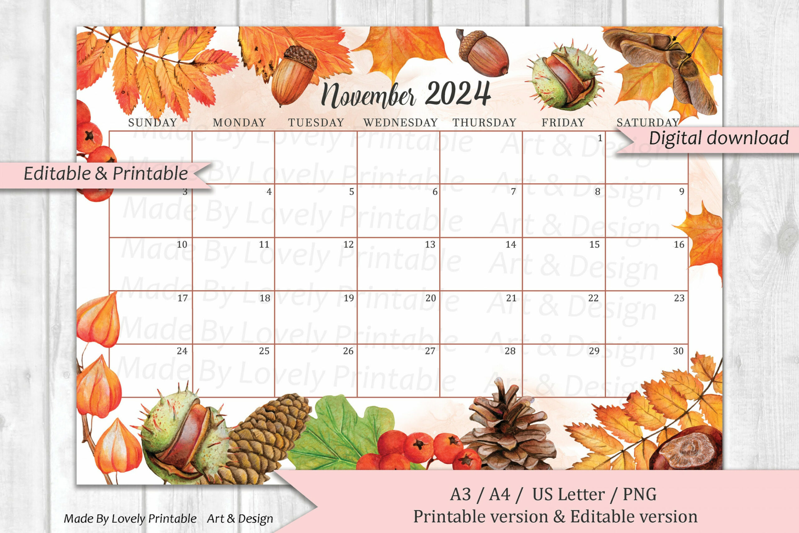 EDITABLE November  Calendar, Watercolor Forest autumn, Fall Autumn,  Autumn calendar, Printable Fillable Planner, Kids School Schedule