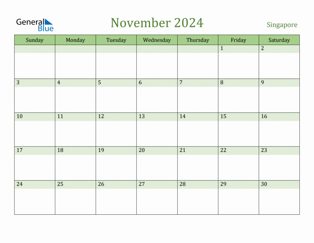 Fillable Holiday Calendar for Singapore - November