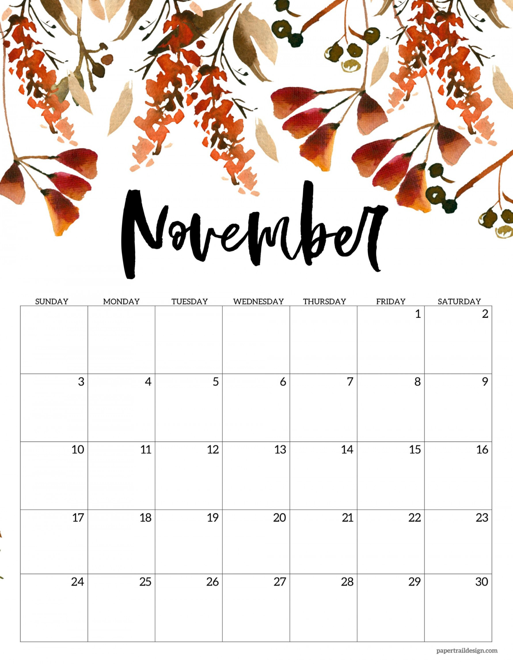 Free  Calendar Printable – Floral - Paper Trail Design