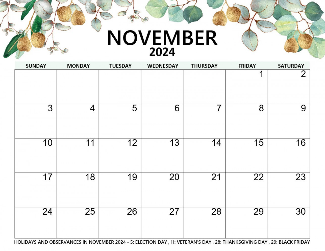 Free November  Calendars with Holidays - Cute Templates!