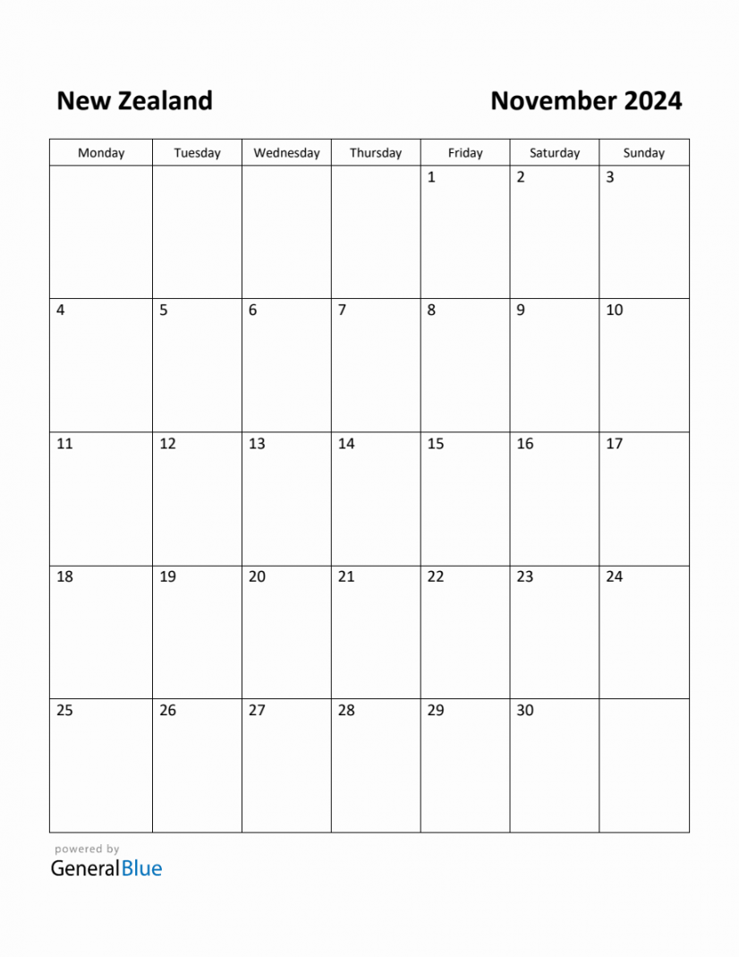 Free printable november calendar for new zealand