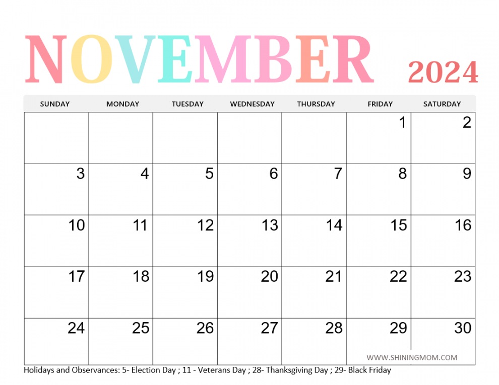 Free printable november calendar with holidays awesome designs!