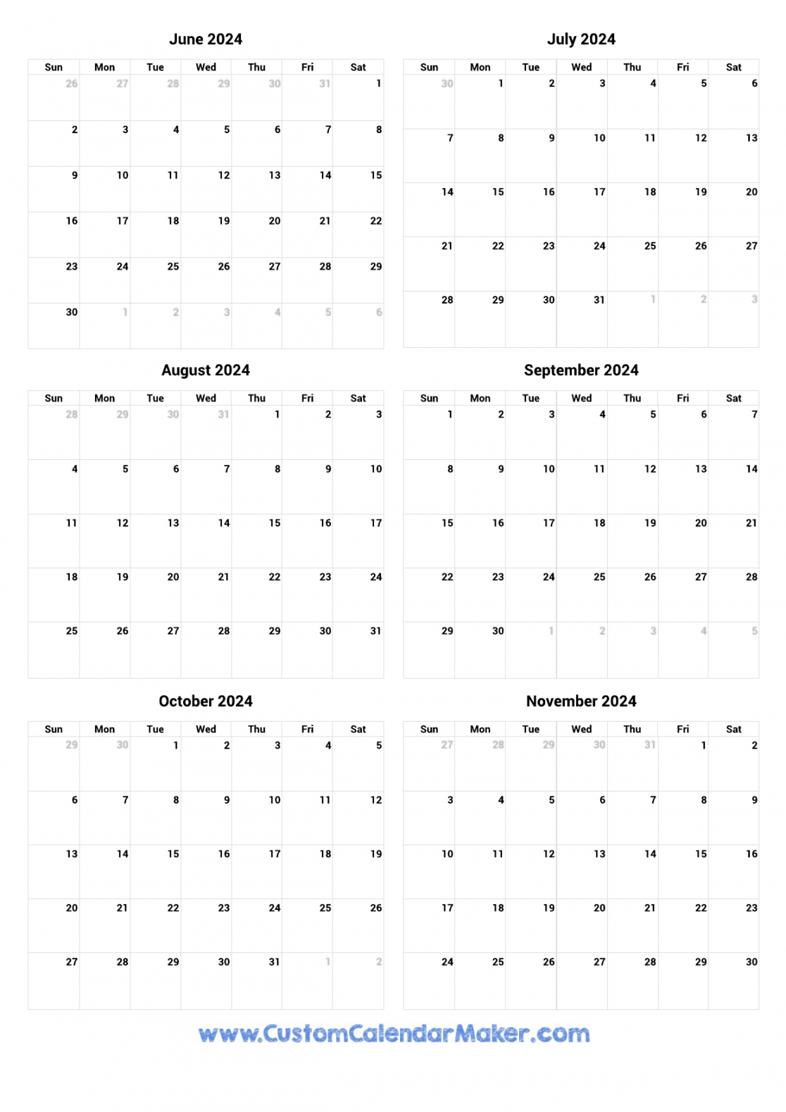 June to November  Printable Calendar