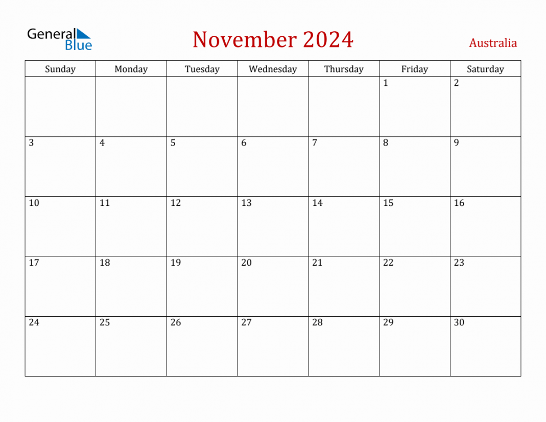 November australia monthly calendar with holidays