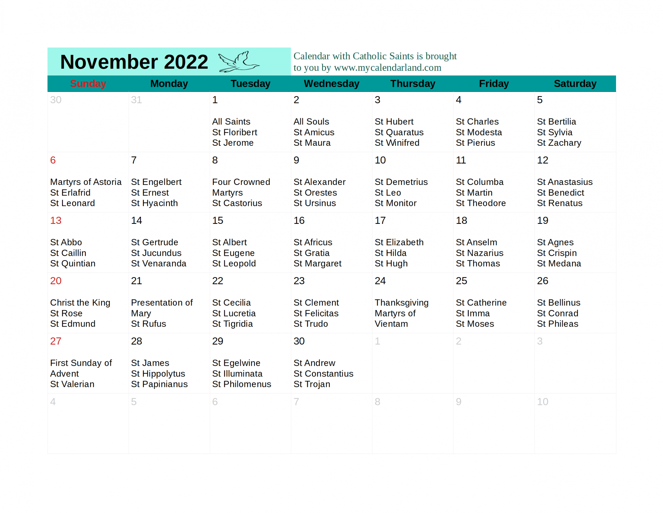 November  Calendar - My Calendar Land