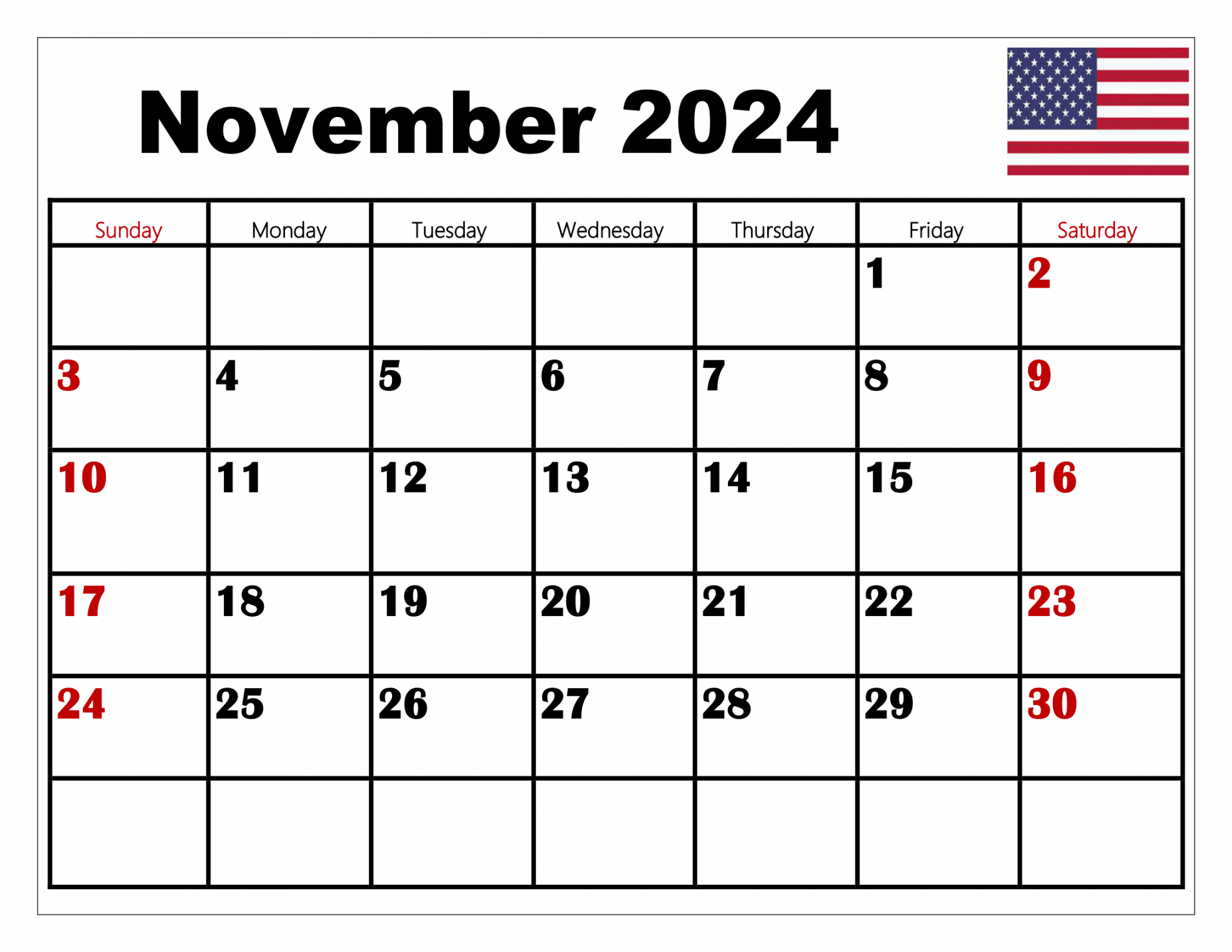 November calendar printable pdf template with holidays