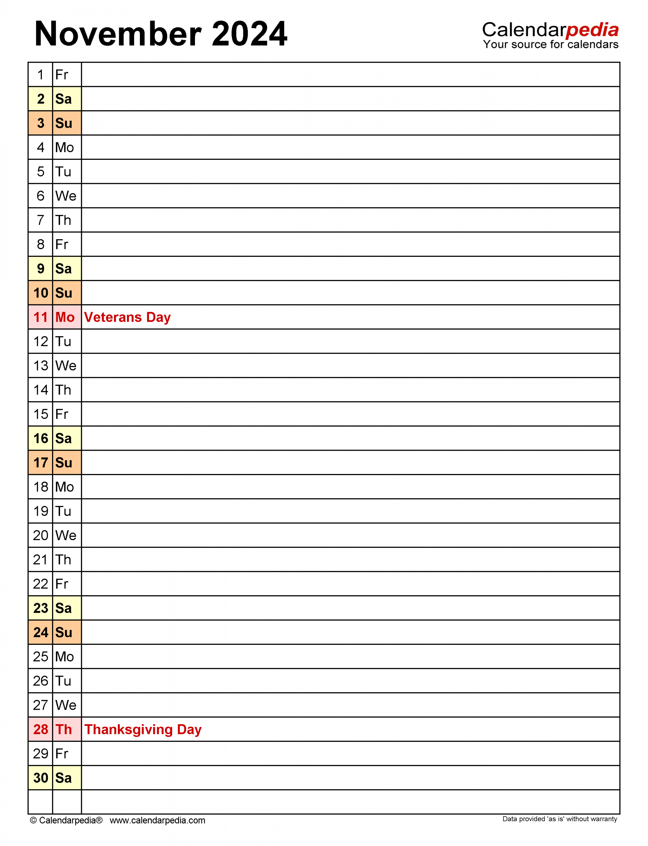 November  Calendar  Templates for Word, Excel and PDF