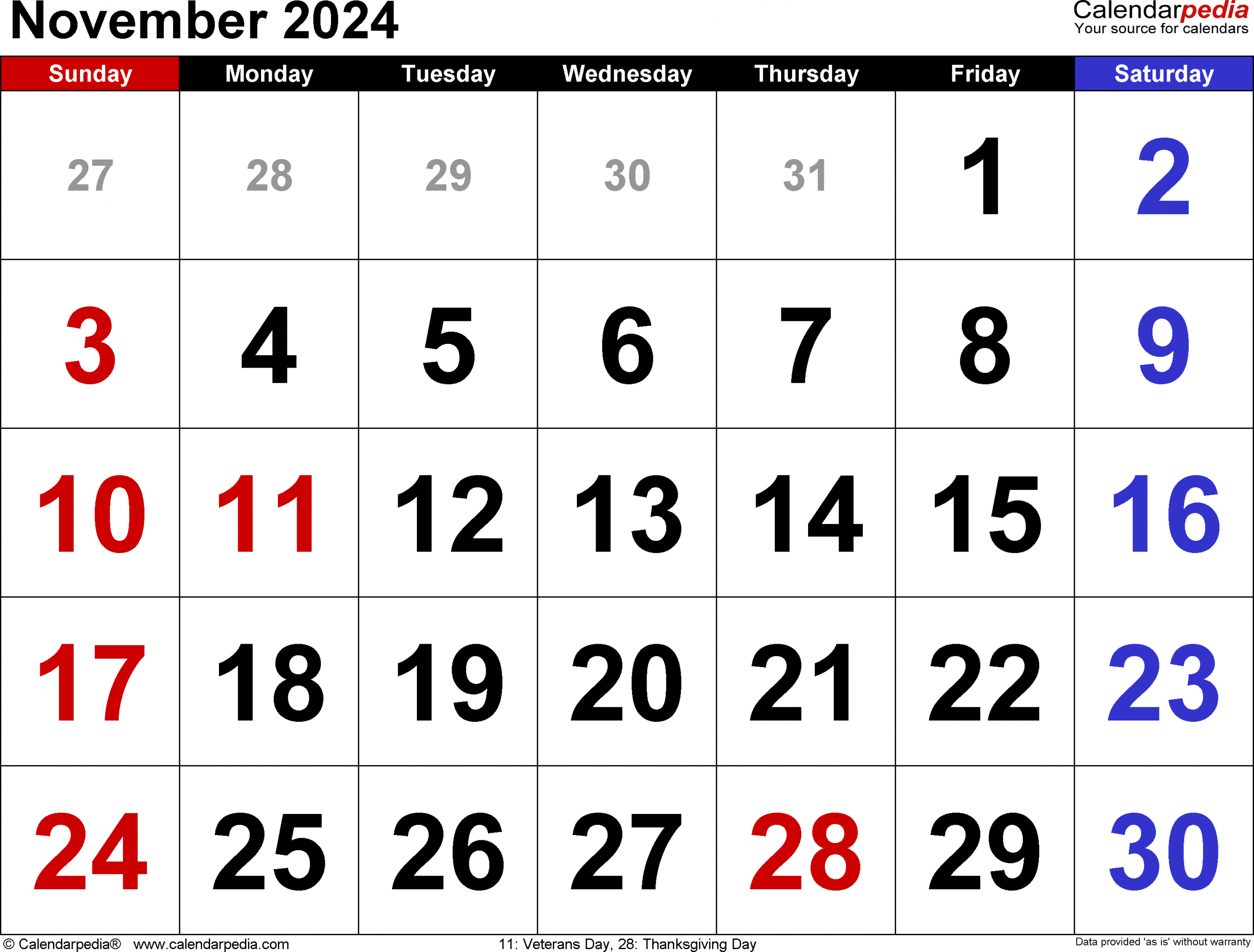 November calendar templates for word, excel and pdf