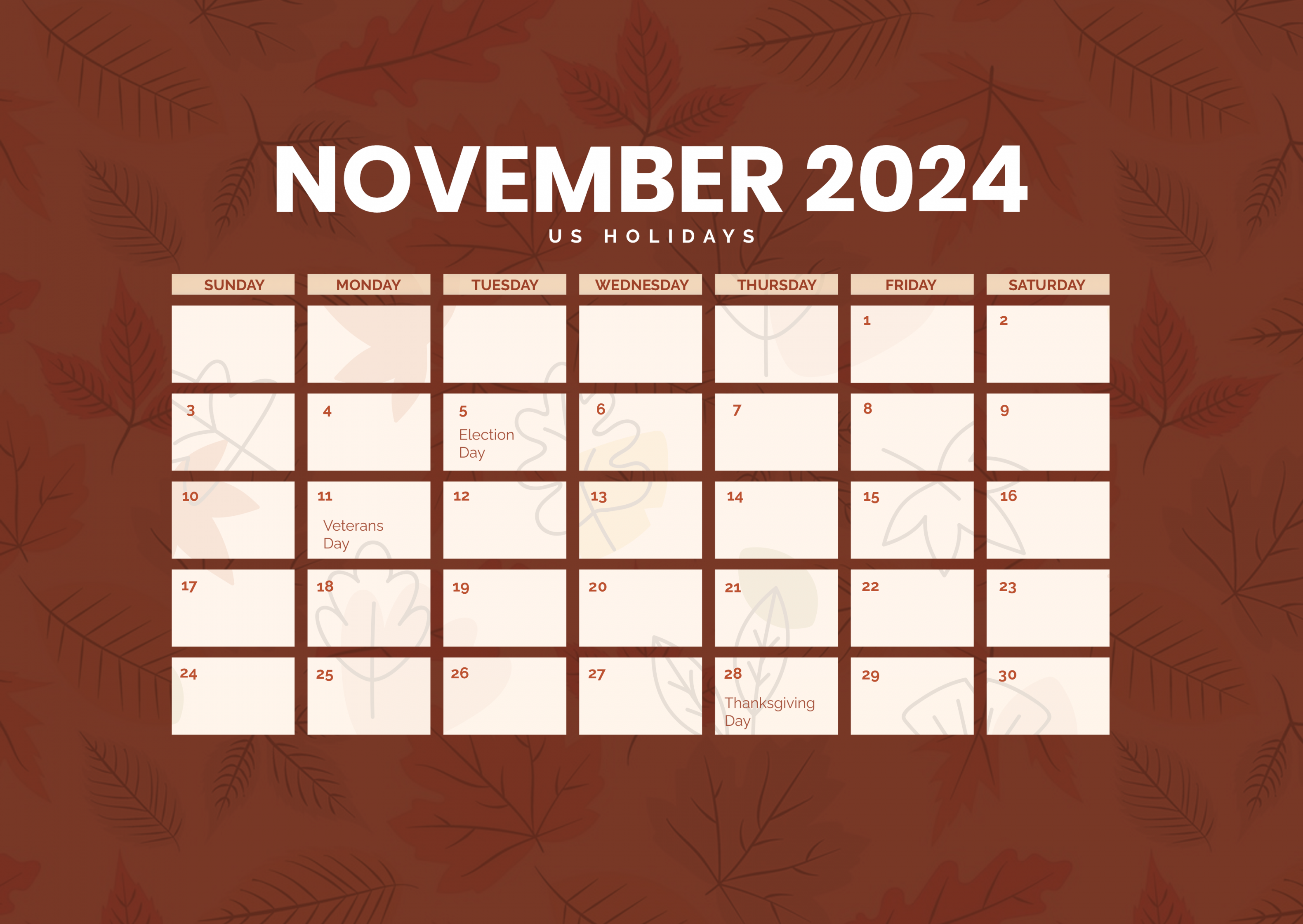 November  Calendar with Holidays USA Template - Edit Online