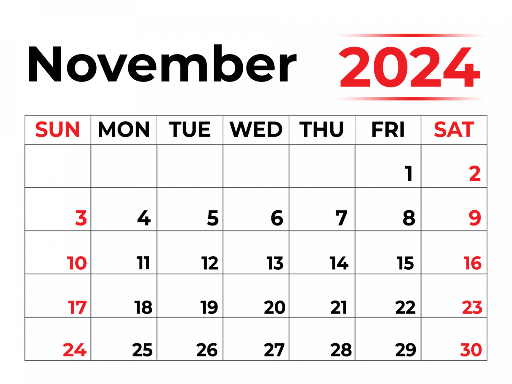 November calendar with very clean look, week starts from