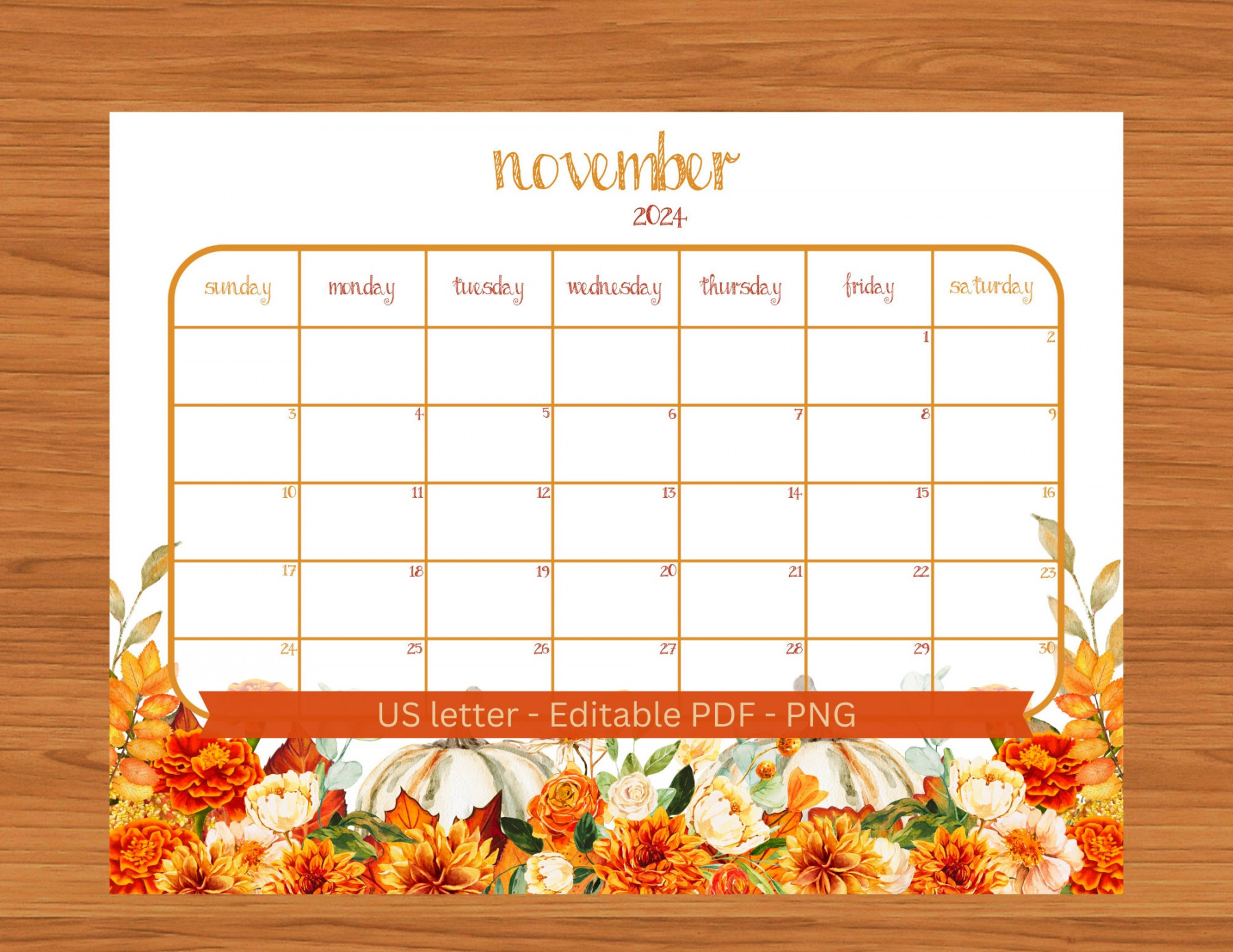 November  Digital Calendar PDF Editable PNG File US Letter