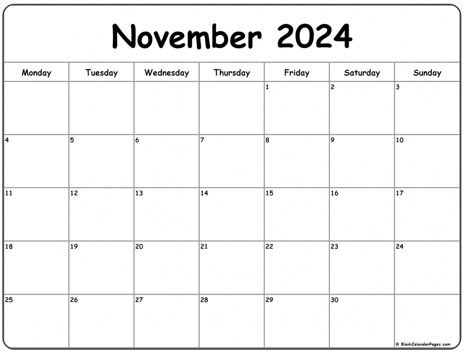 November monday calendar monday to sunday