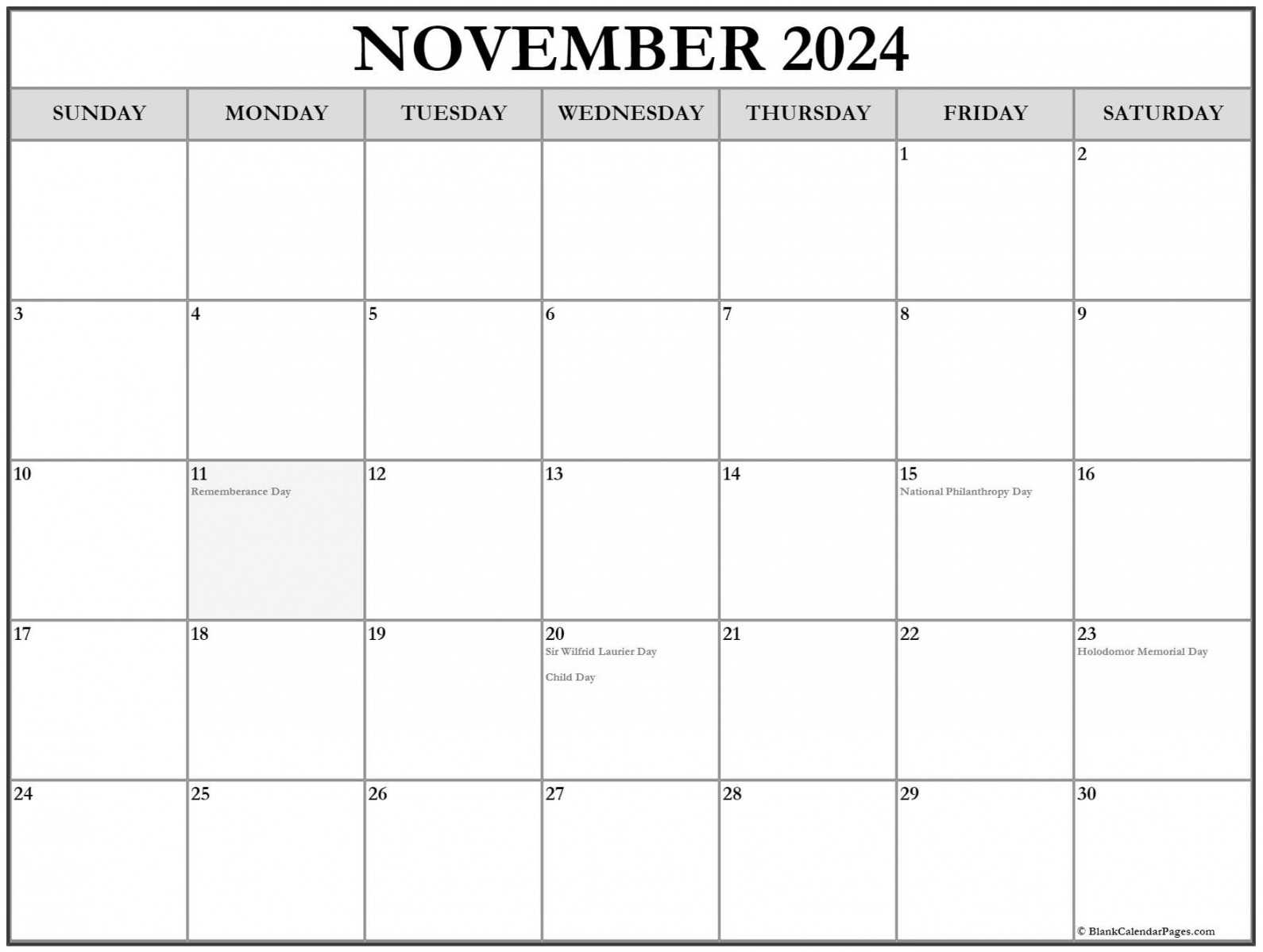 November with holidays calendar