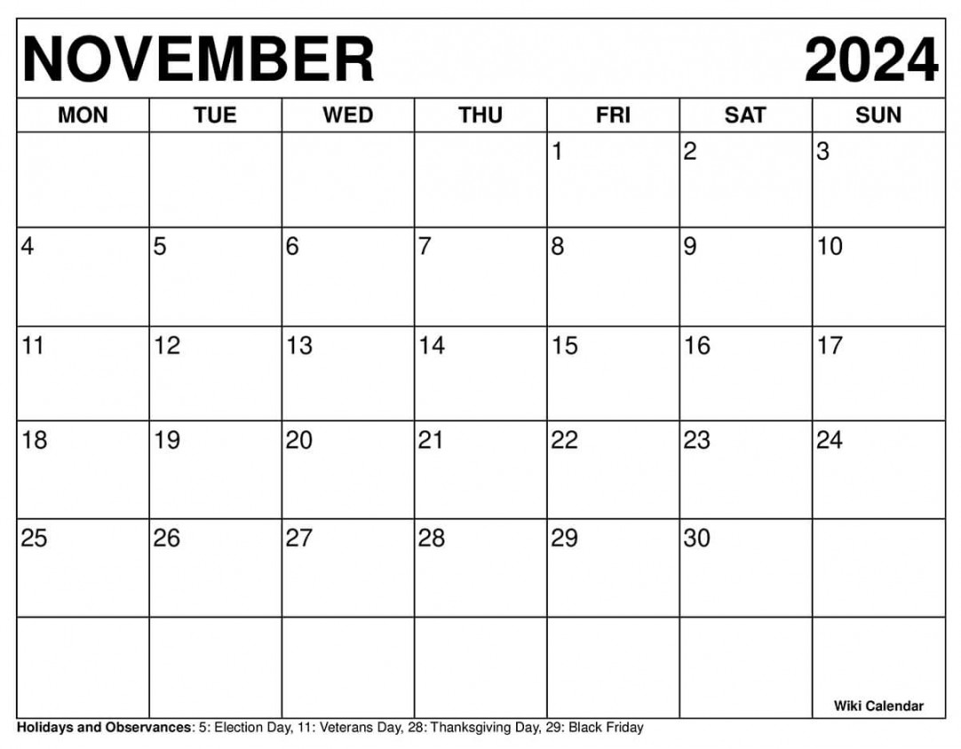 Printable November  Calendar Templates with Holidays - Wiki