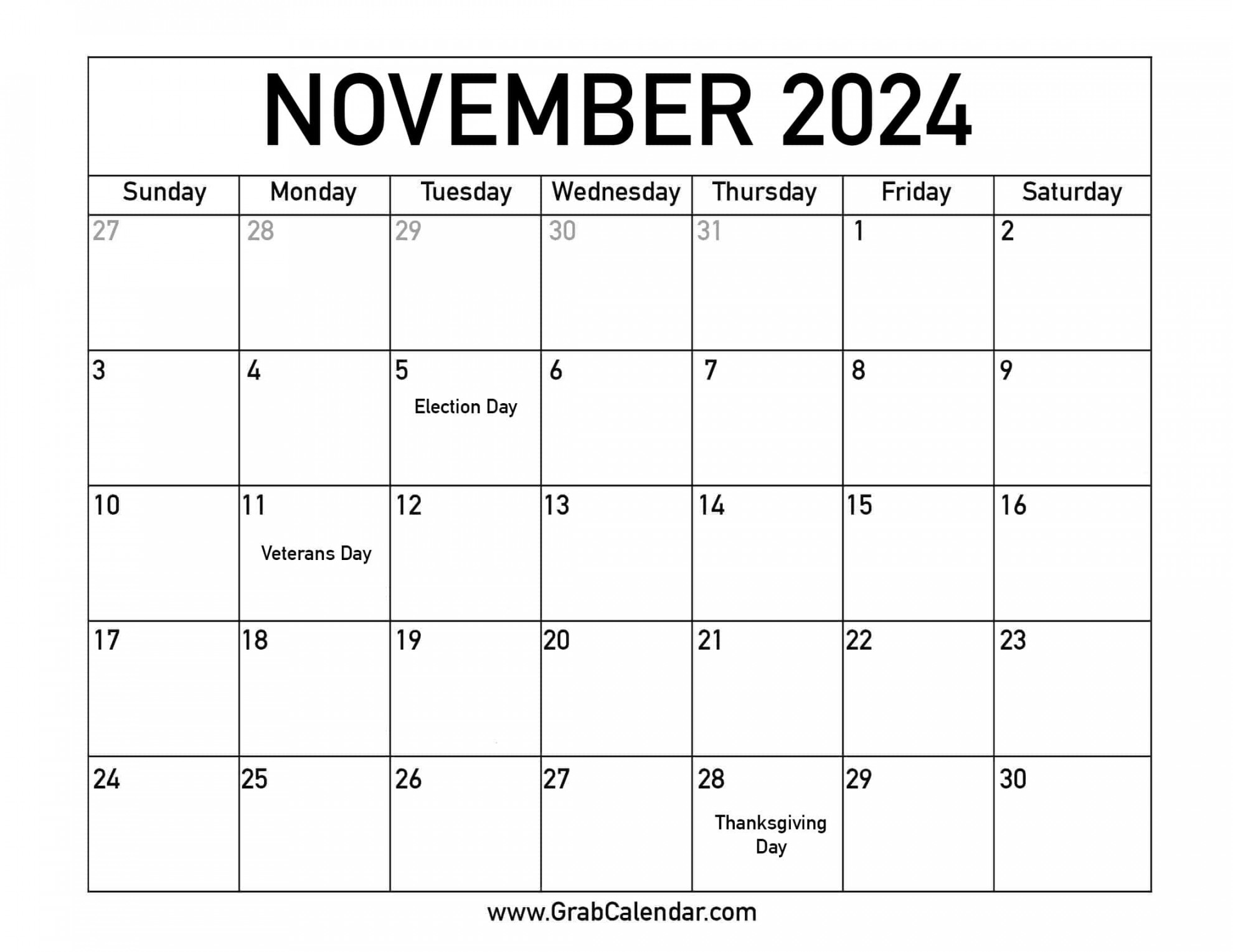 Printable november calendar