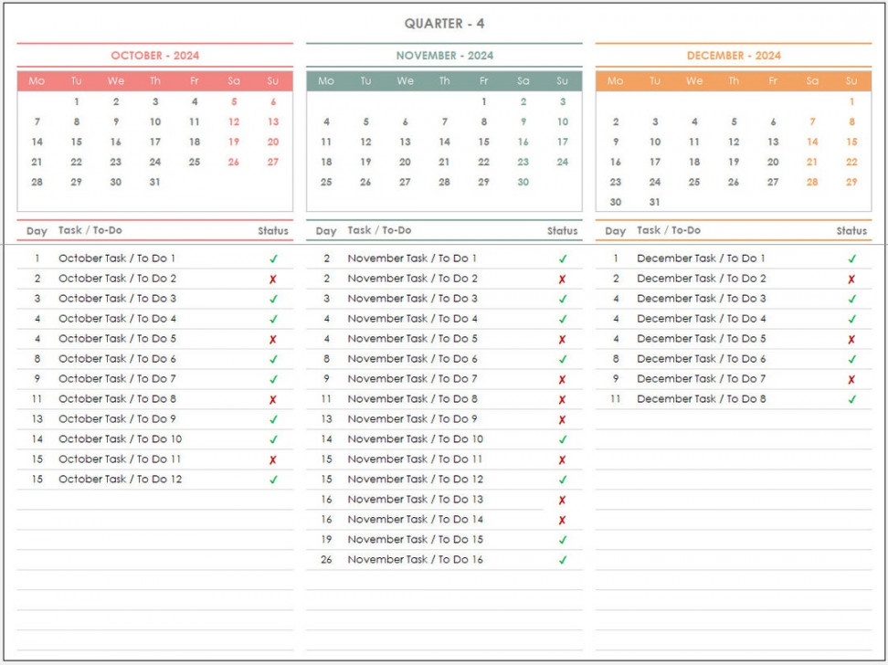 Quarterly Calendar With Task List Excel Template  Quarterly  Planner Excel Template  Task Tracker Excel Template - Etsy