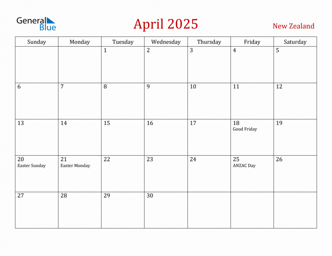 April new zealand monthly calendar with holidays