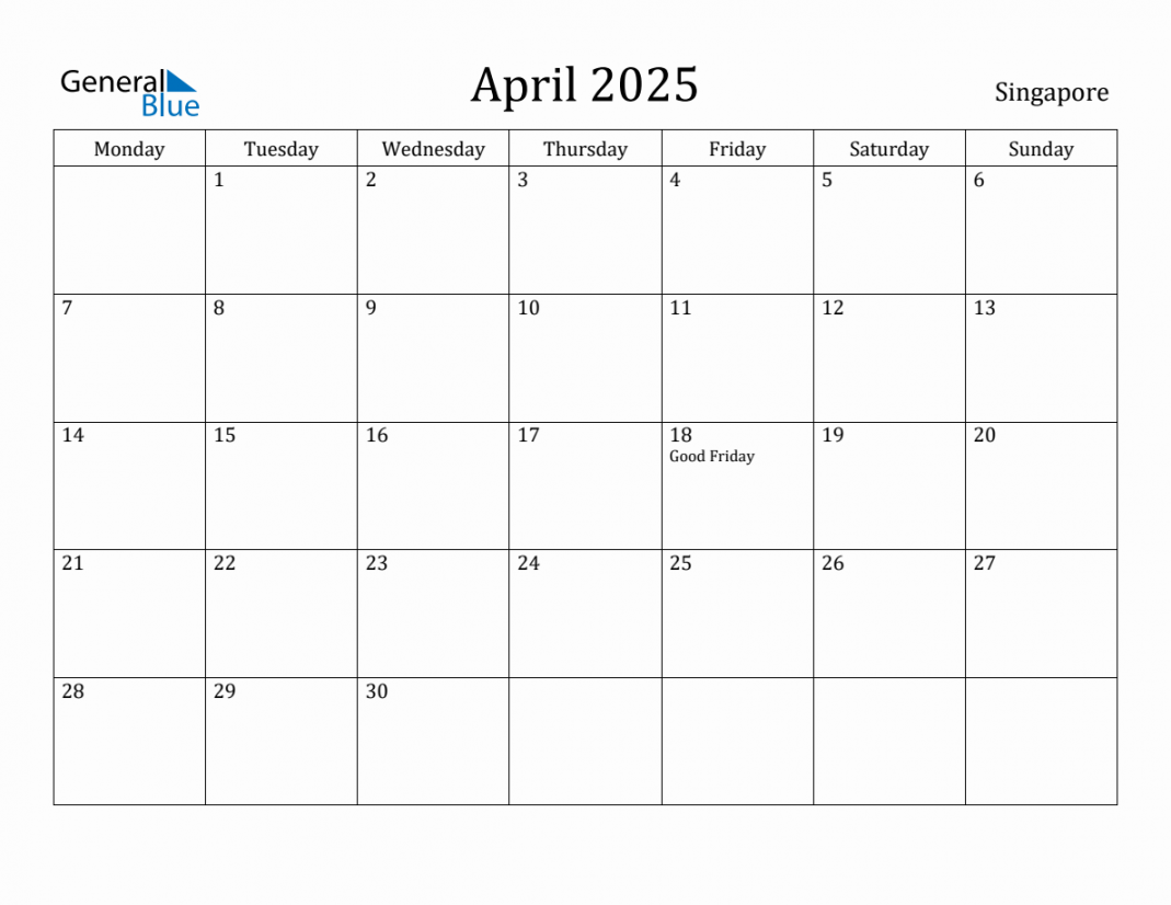 April singapore monthly calendar with holidays