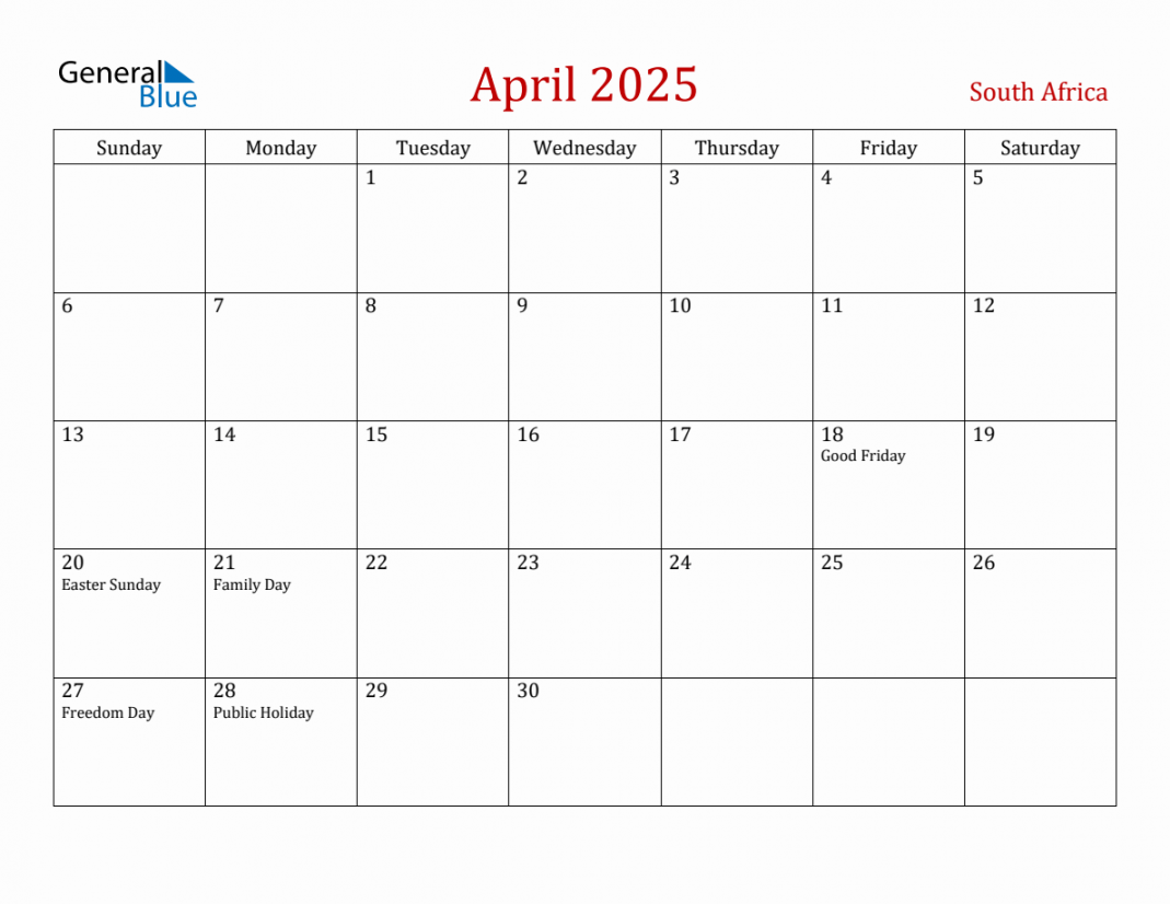 April south africa monthly calendar with holidays