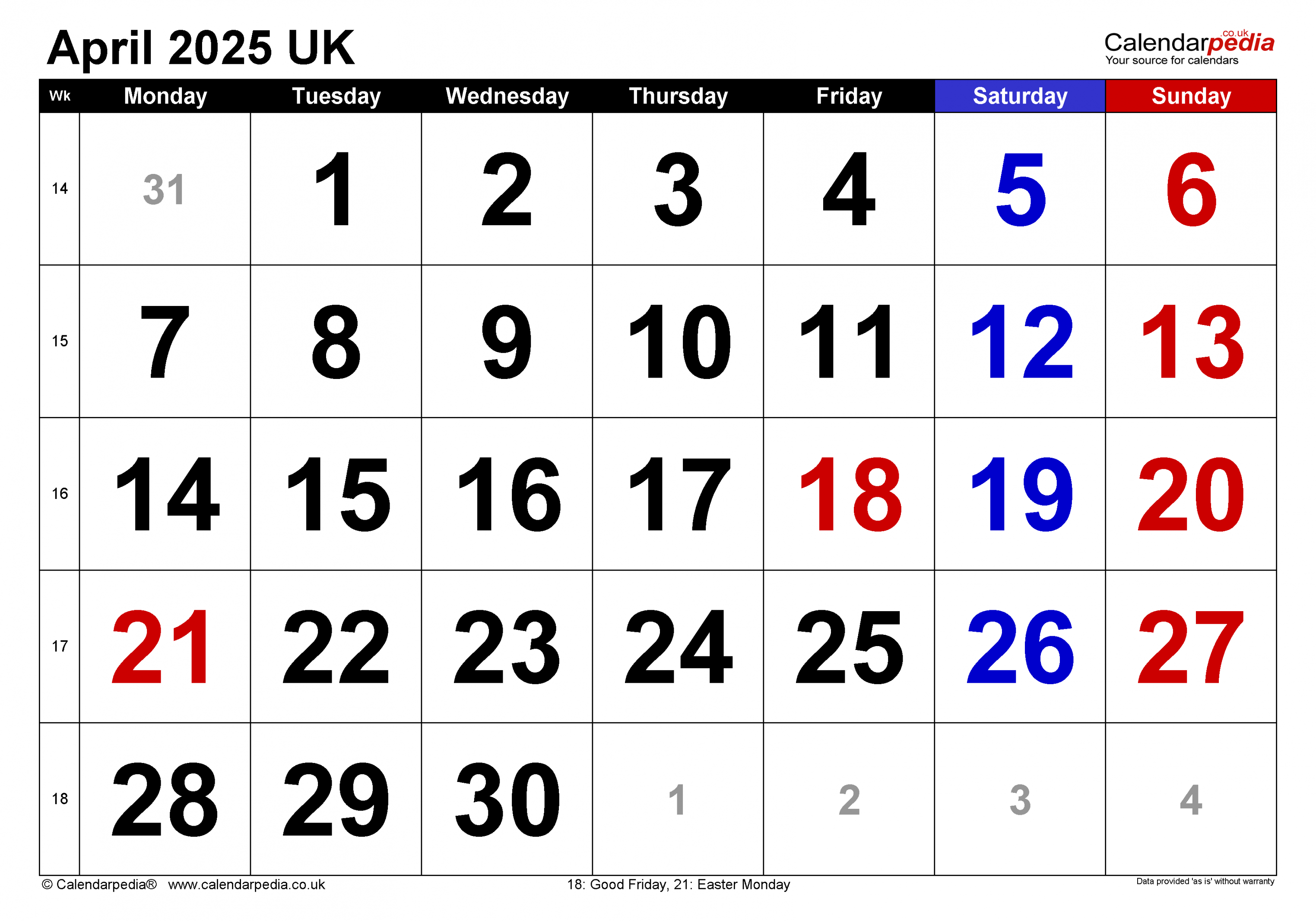 Calendar April  UK with Excel, Word and PDF templates