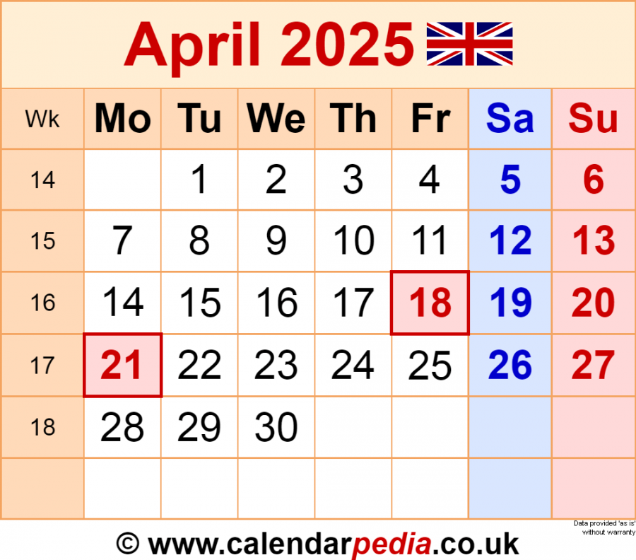 Calendar april uk with excel, word and pdf templates