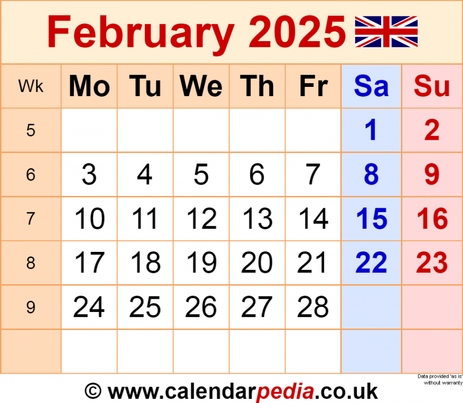 Calendar february uk with excel, word and pdf templates