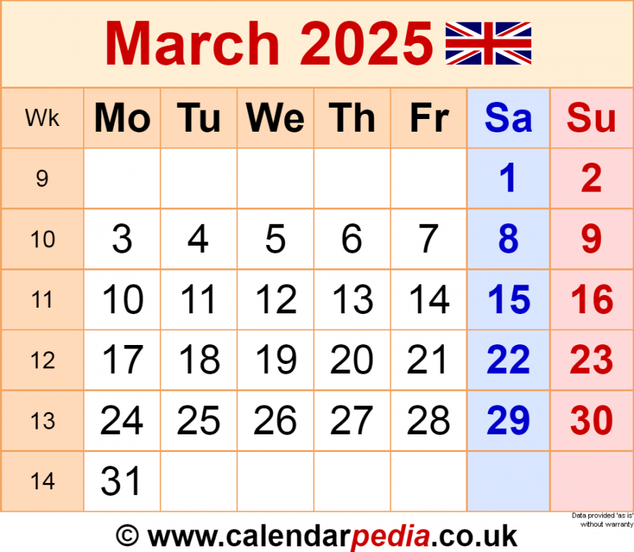 Calendar march uk with excel, word and pdf templates