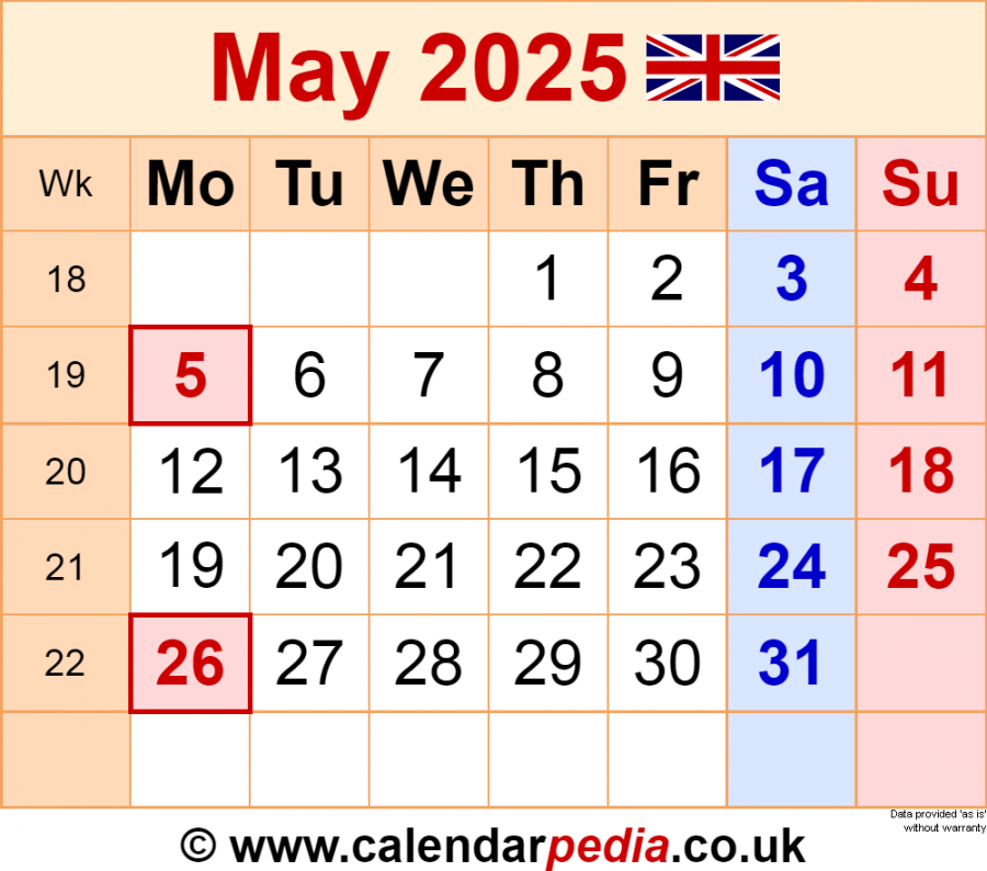 Calendar May  UK with Excel, Word and PDF templates