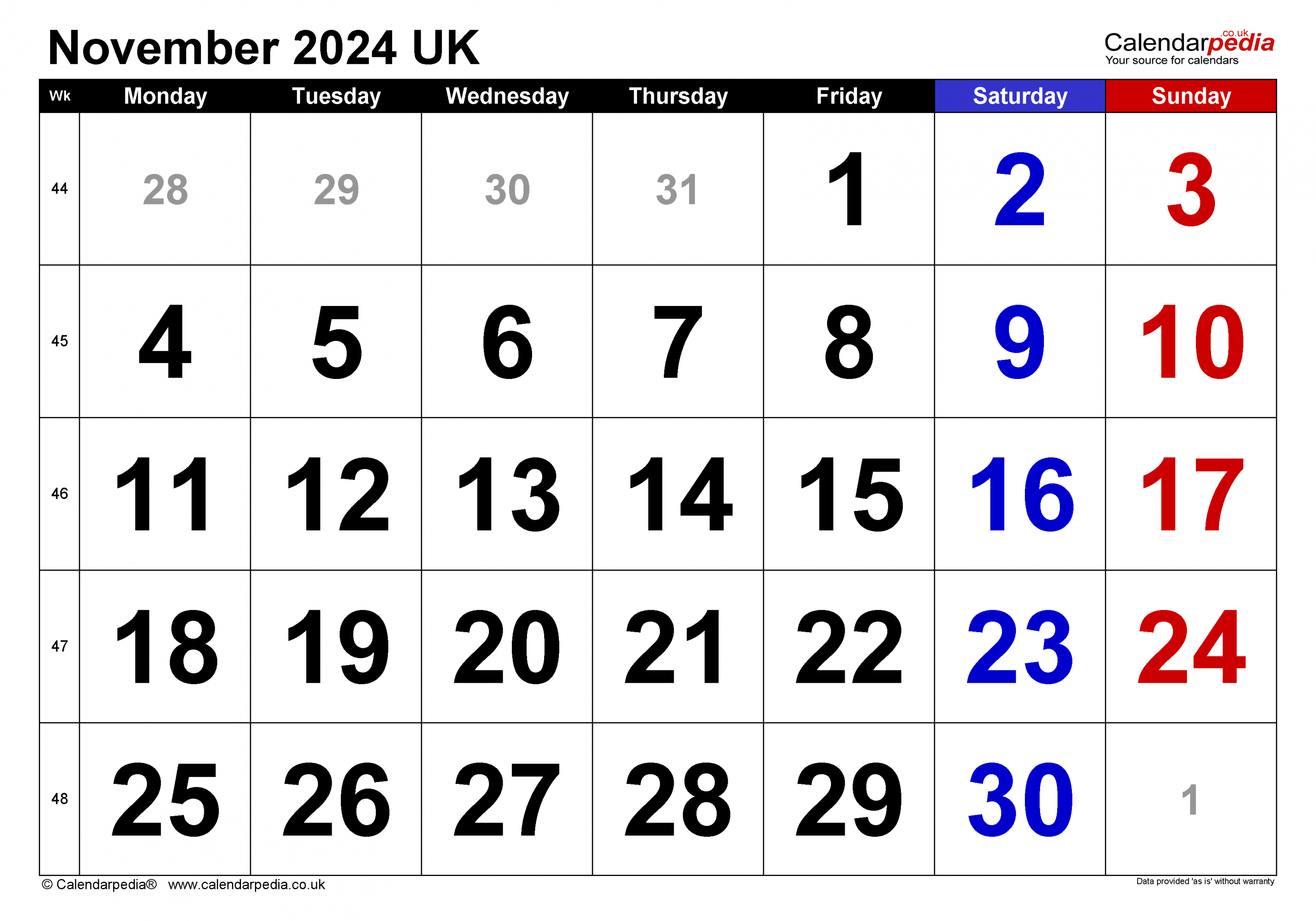 Calendar november uk with excel, word and pdf templates