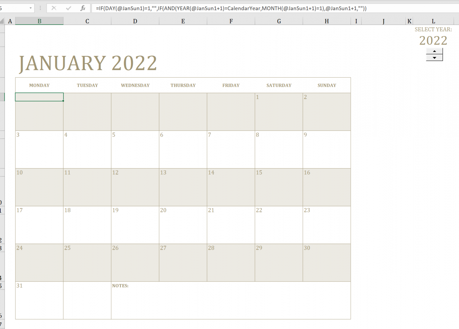 Changing the day of the week on a dynamic calendar template