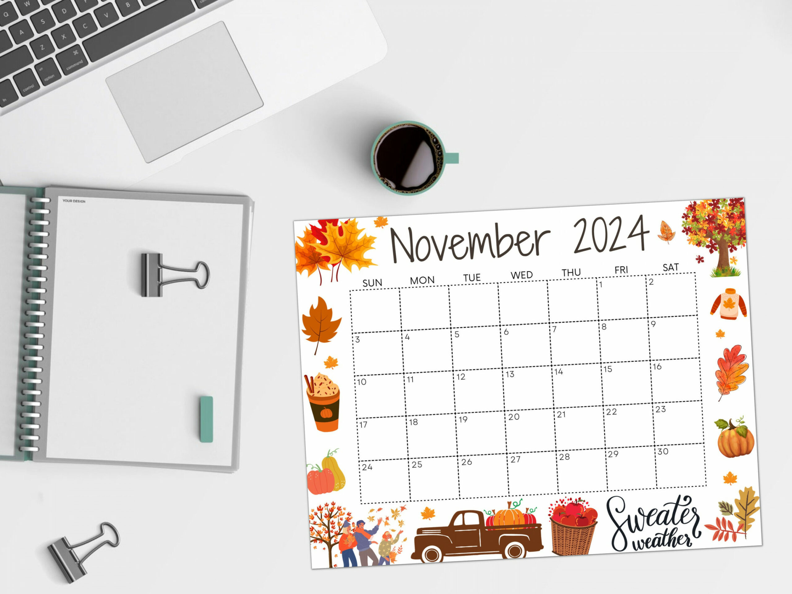 Editable November  Calendar, Printable Fall Calendar, Wall