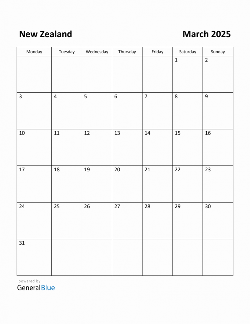 Free Printable March  Calendar for New Zealand