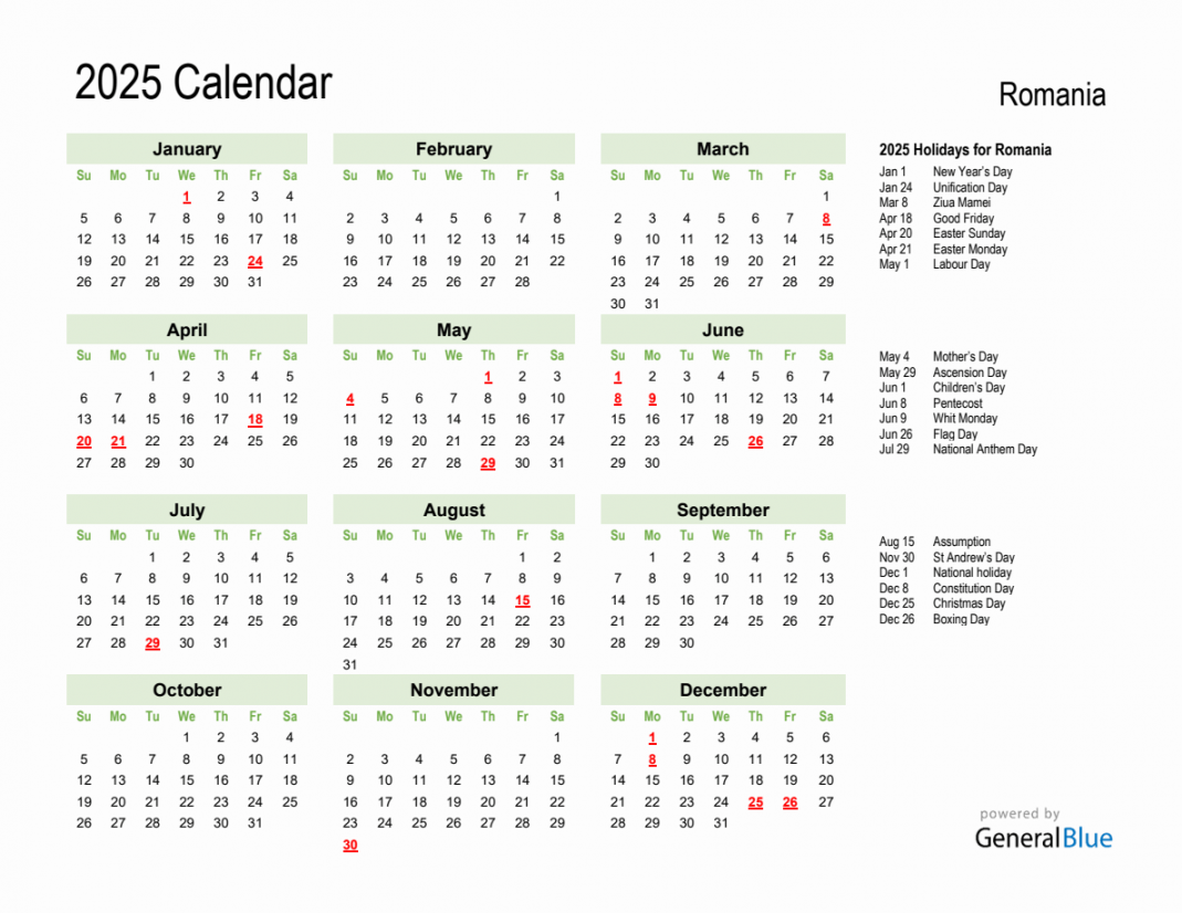 Holiday Calendar  for Romania (Sunday Start)