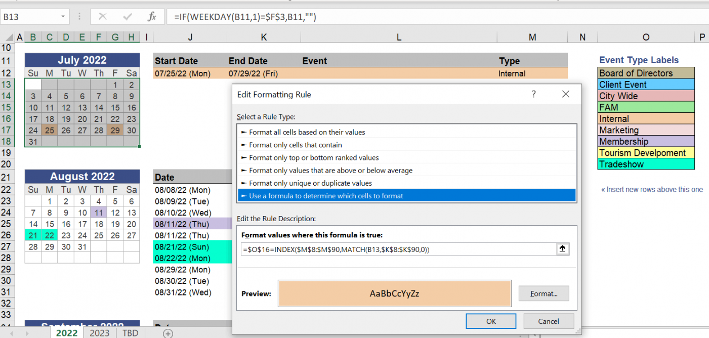 Index & Match Formulas - Highlight Date Range on Calendar