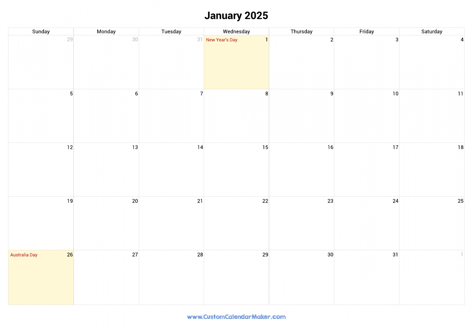 January printable calendar with australia holidays