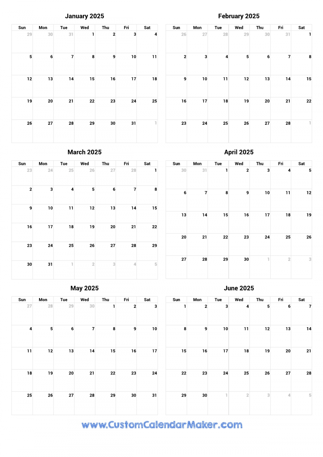 January to June  Printable Calendar