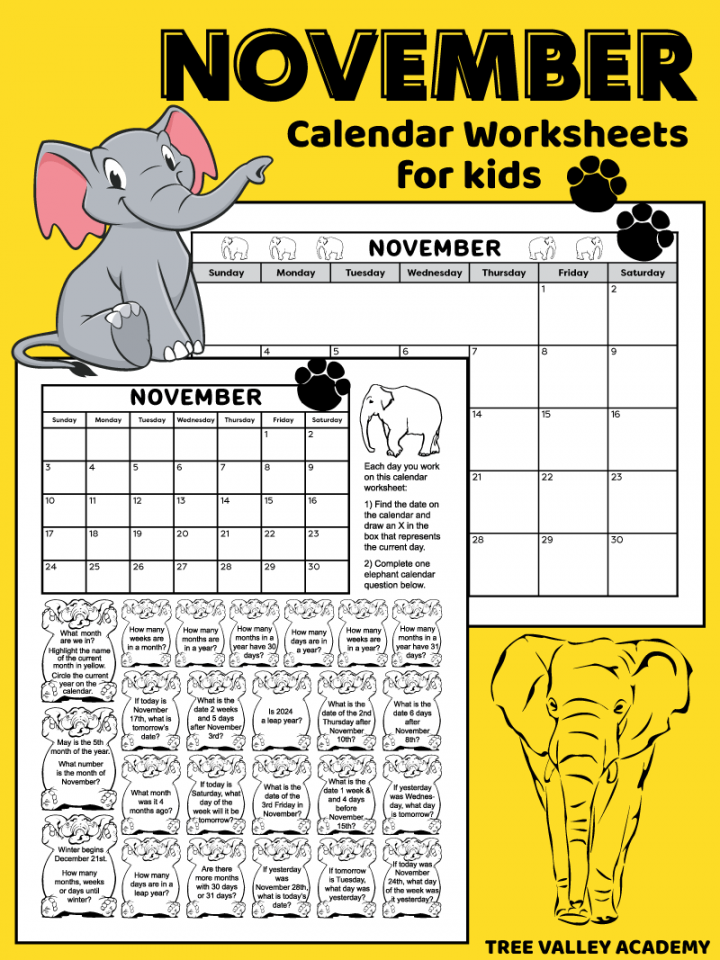 Kids Printable Calendar Worksheet for November