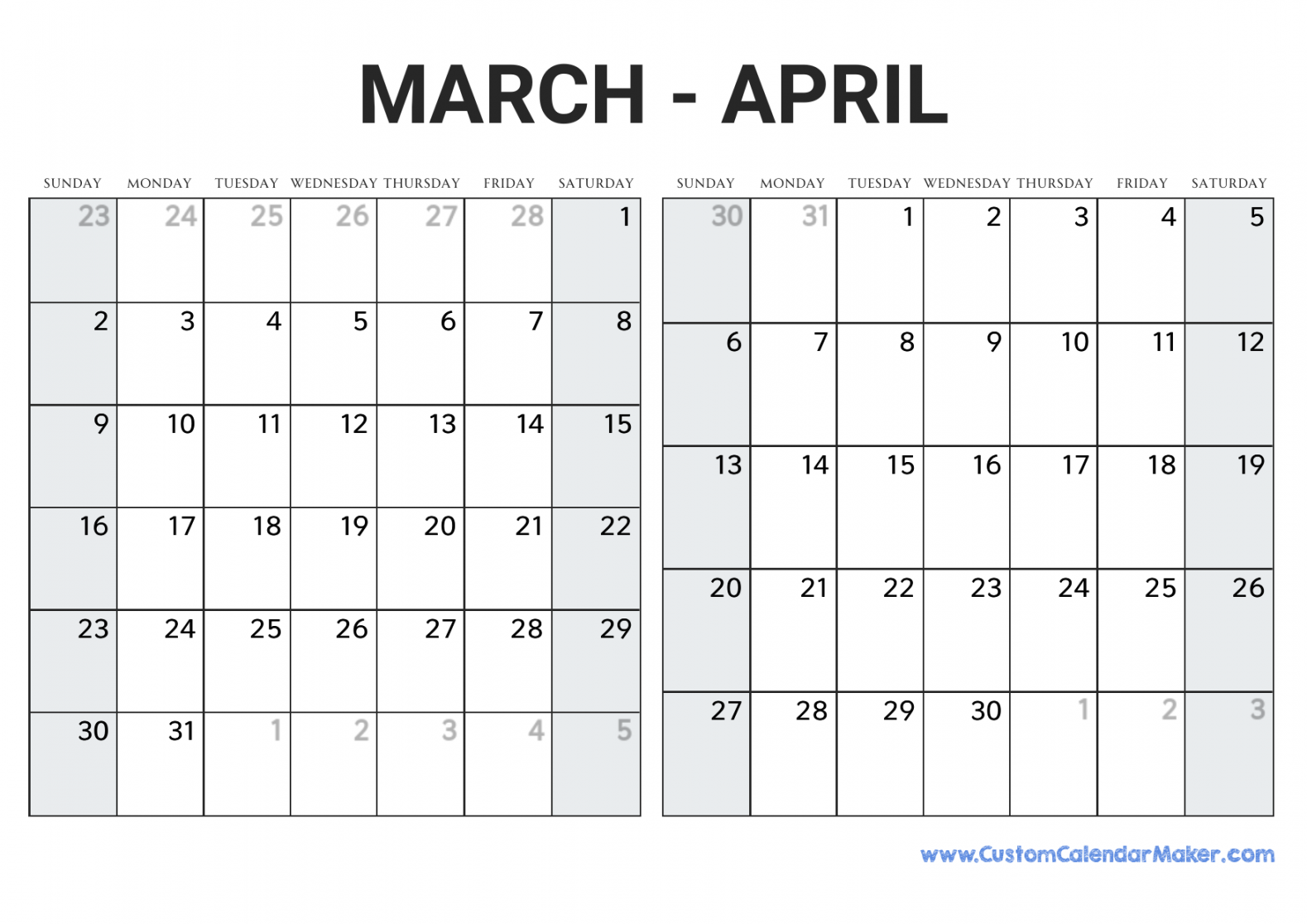 March and april printable calendar template